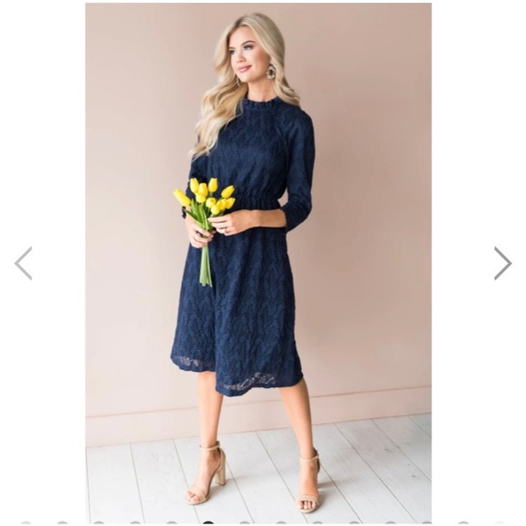 ORANGE CREEK | Navy Lace Knee Length Modest Dress - Picture 2 of 12
